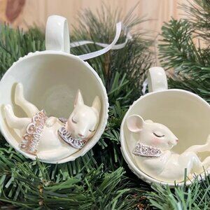 Resin Mouse In Teacup Christmas Ornaments Set of 2 Holiday Decor Home Accent